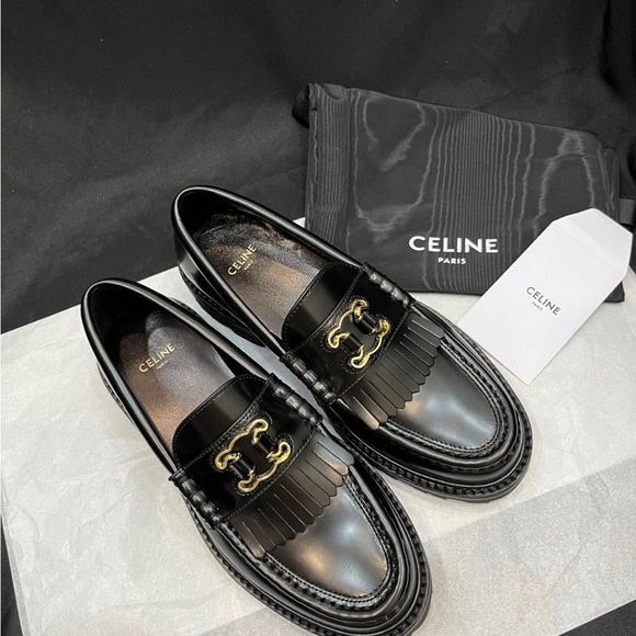 Women\'s Celine Black Patent Leather Triomphe Fringe Platform Loafers 🥿